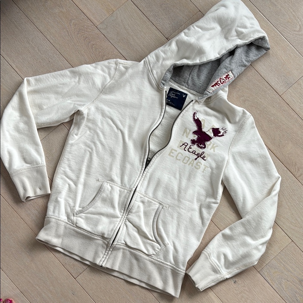 American Eagle Outfitters White Hoodie with Maroon Logo